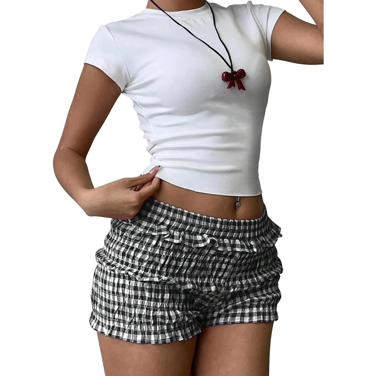 Women's Plaid Ruffle Mini Shorts Gingham Elastic Cute Lounge Sleep Bottoms Low Rise Bloomer Shorts