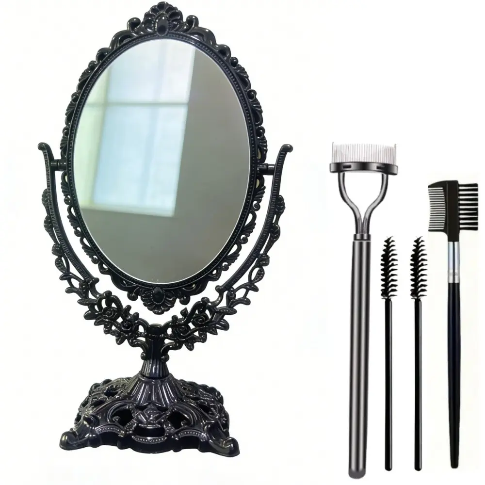 Vintage Vanity Mirror & Eyelash Grooming Set, Double-Sided 360° Swivel, Lash Separator, Spoolie Brushes, Eyebrow Comb, Gift Ideas