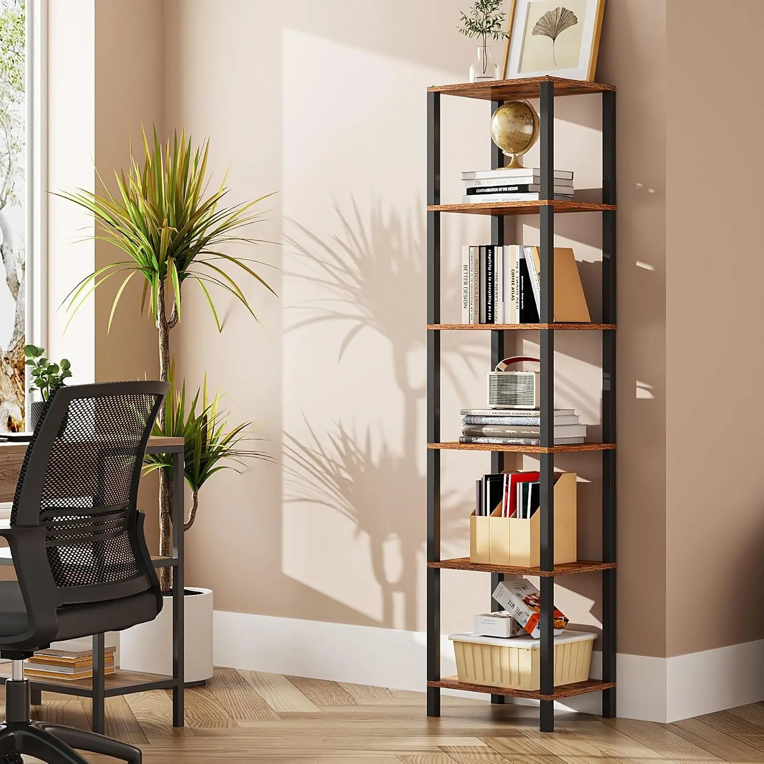 Bookshelf, 6-Tier Tall Book Shelf, Narrow Bookcase for Small Space, DIY Stackable Bookshelf, for Living Room, Office, Study, Entryway, Industrial, Rustic Brown BS01BB006