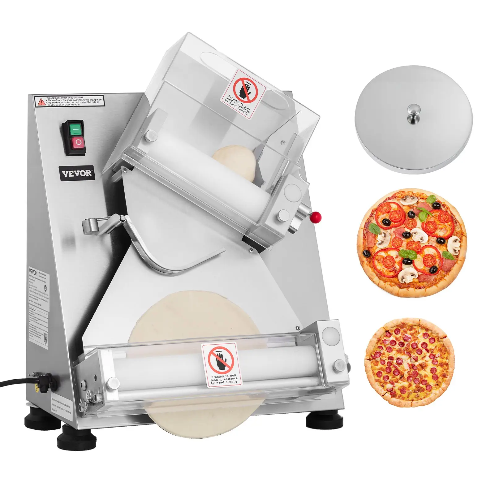 VEVOR Automatic Stainless Steel Pizza Dough Roller Sheeter & Pasta Maker, 370W Commercial Electric Machine with Steel & Plastic Build, 3-14 in Adjustable Thickness, Non-Slip Design, 260 Pcs/Hr, 75 lbs Capacity, Secure Lid, 18.3x19.7x25.2 in Dimensions, Au