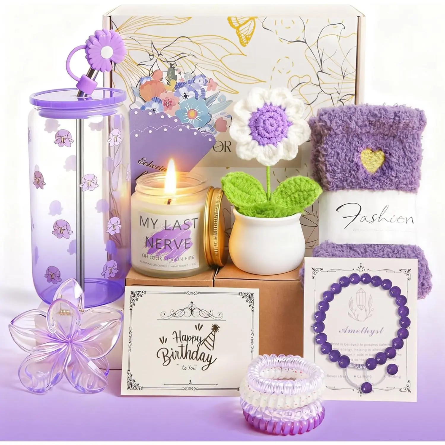 Birthday Gifts for Women Teen Girls, Unique Happy Graduation Gift Baskets for Her, Thank You Teacher Self Care Get Well Present Set, 14pcs Cute Teenage Box for Friend Sister Coworker (Purple)
