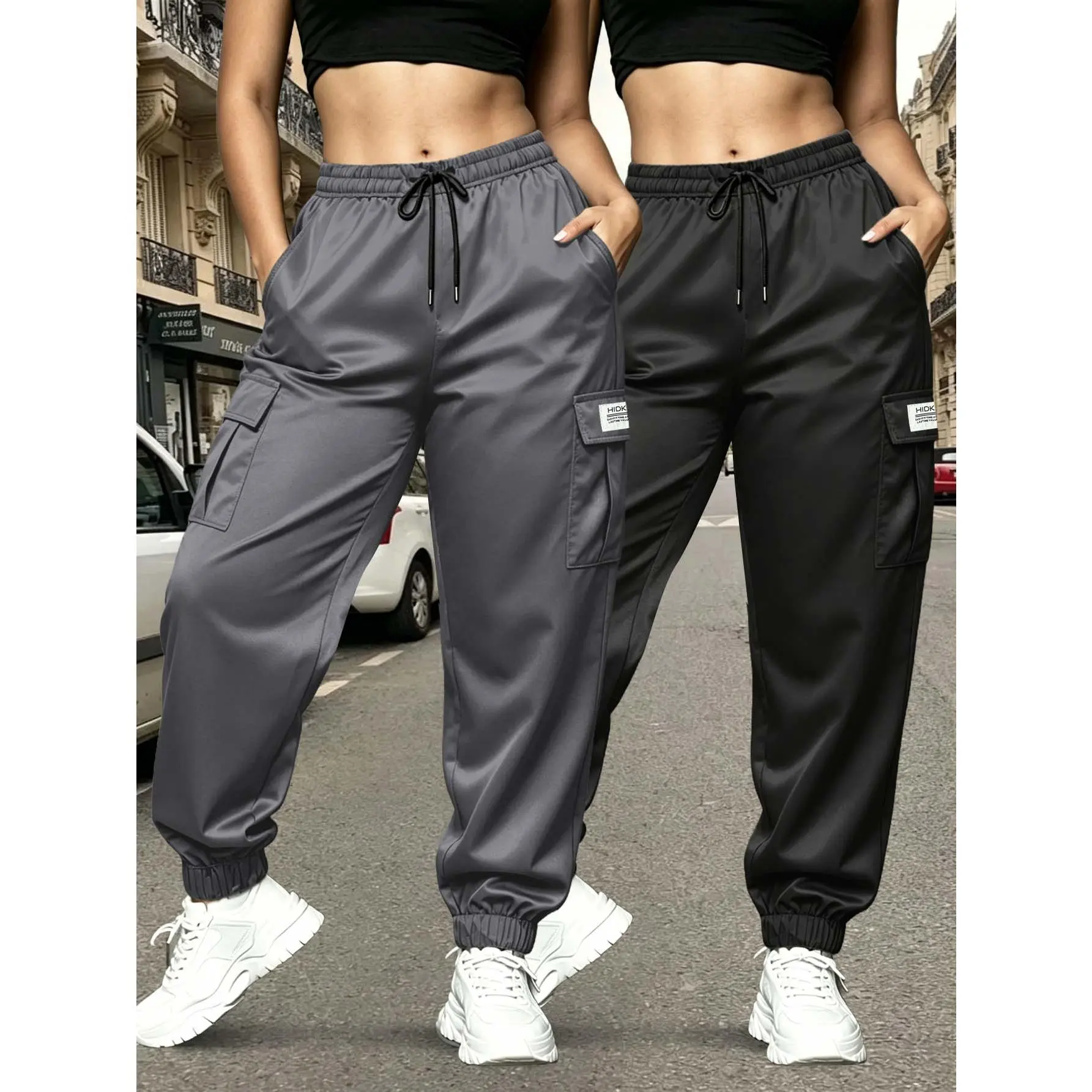 2 pack women’s plain-coloured casual tapered work trousers with an elasticated waistband, drawstring and large pockets – perfect for everyday streetwear