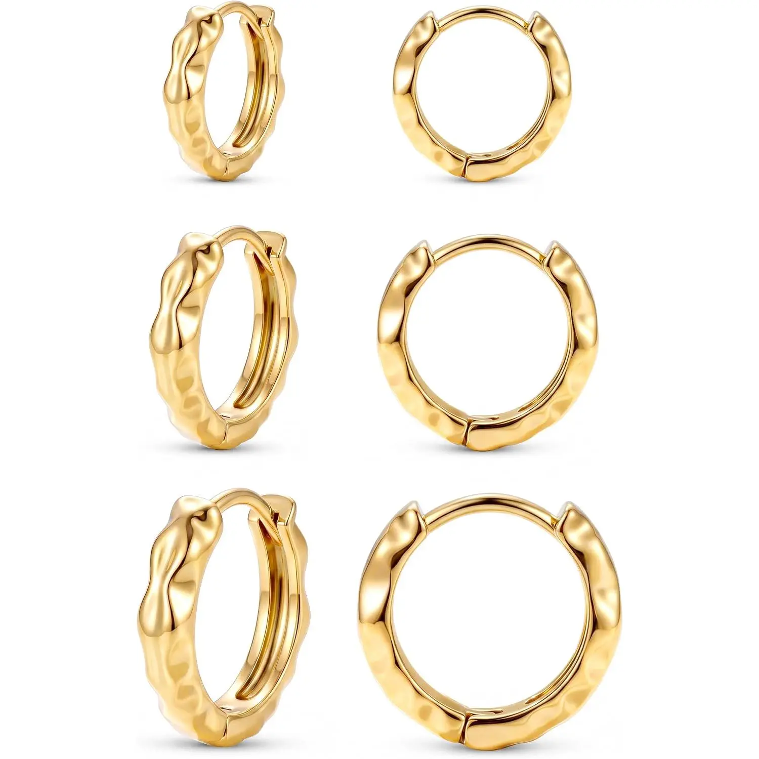 Women's Modern 8/10/12mm Hammered Huggie Hoop Earring Stacking Set, 14 Karat Plated, Non-Tarnish, Dainty Stackable Body Jewelry