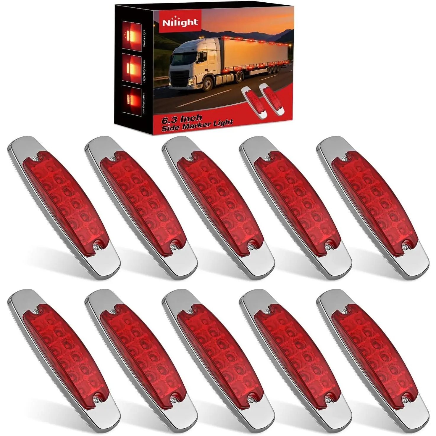 Nilight 10-Pack 6.3in Rectangle Red Side Marker Lights, 12 LEDs per Unit, 3 Functions (High/Low/Strobe), IP67 Waterproof, Stainless Steel Chrome Bezel, 12V Surface Mount for Truck, Trailer