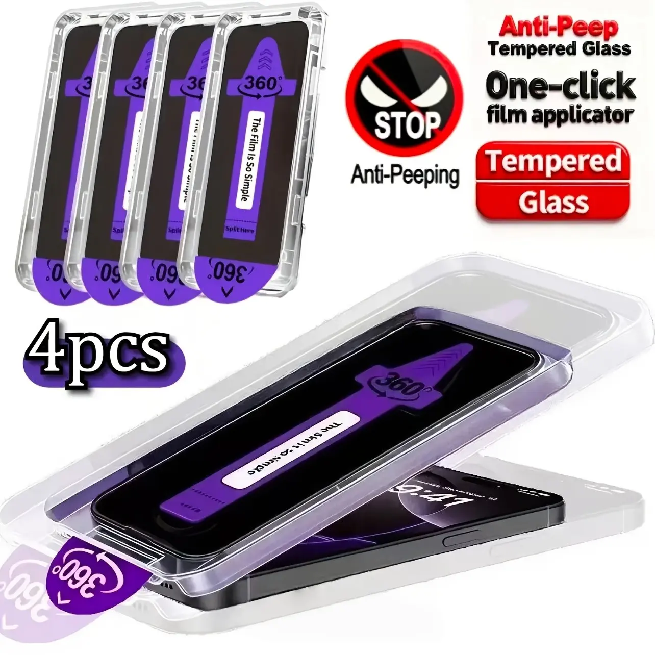 4Pcs 360° Full Coverage Easy-Install Privacy Screen Protectors for iPhone 17 Pro Max, 15, 16, 13, 11, 14, 16/17e, 12 Plus Air, Full Screen Coverage, Anti-Fingerprint, Shockproof, Scratch-Resistant, 9H Hardness, with Purple Pull Tabs
