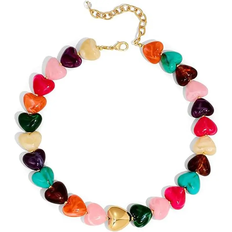 Women's Handmade Bohemian Resin Beads Necklace - Vivid Rainbow Color Heart Pendant, Retro Party Casual Durable Fashion Costume Jewelry Accessory, Casual Wear, Female, Birthday, Daily