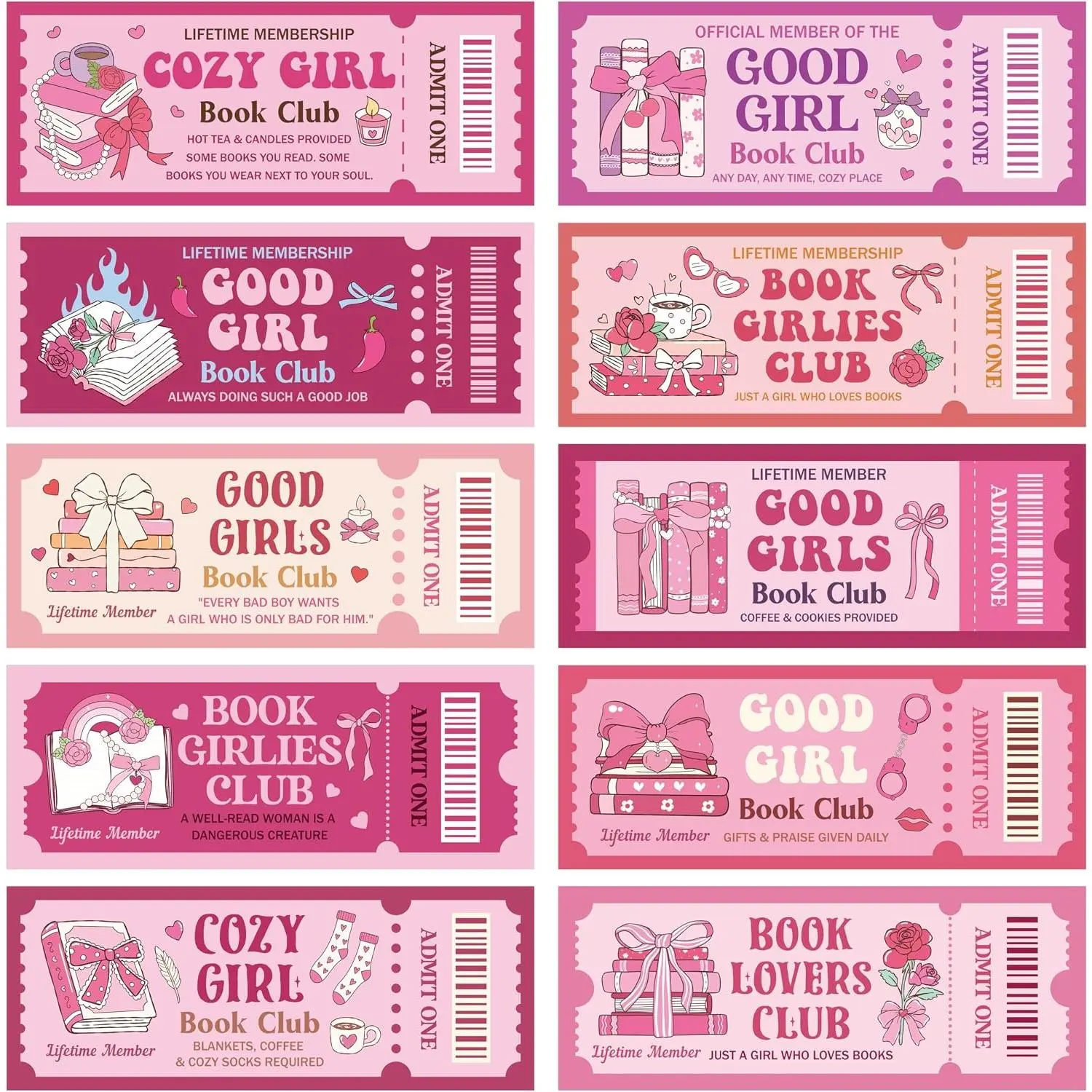 Bow Book Club Ticket Bookmarks - 120 count Cozy Girl Reading , Aesthetic Book Girlies Club Ticket Page Marker, Library Readers Accessories Supplies Bookish Gifts for Women Bookish