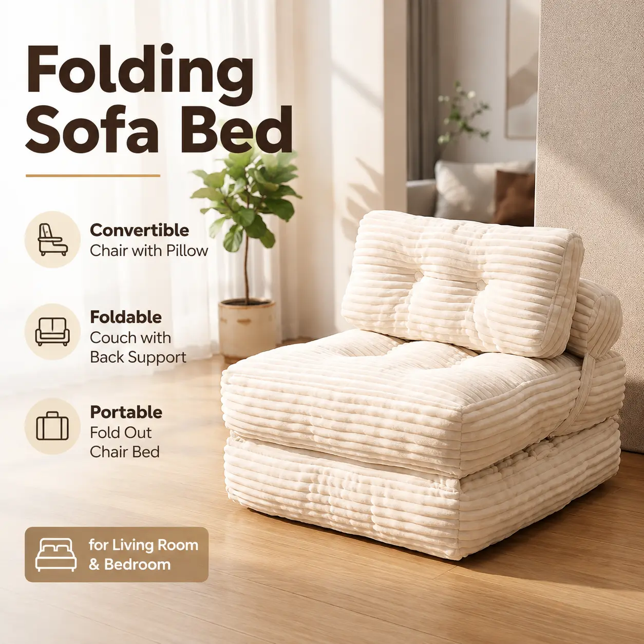 Folding Sofa Bed Chair Bed Convertible Sofa Bed with Pillow and Back Support Portable Fold Out Chair Bed Space Saving Sleeper Chair Foldable Couch for Living Room Bedroom Guest Room Small Apartment Home Office