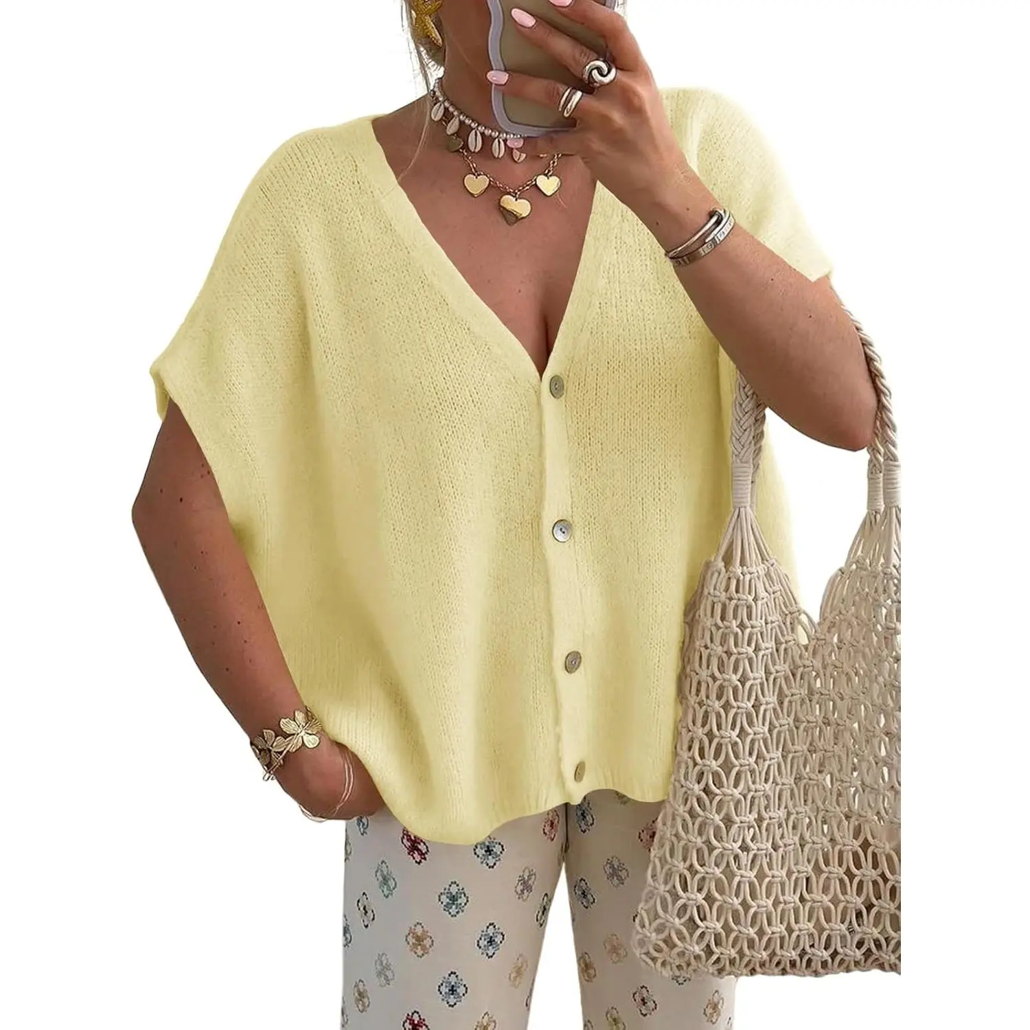 Women's Knit Cardigan, Casual Oversized Batwing Short Sleeve V-Neck Lightweight Acrylic Knitwear, Shortsleeve, Button Up, Cold Wash, Relaxed Wear, Medium Length, V-Neck Front, Batwing Sleeve, Clothes Sweater Tops, All Seasons, Cotton