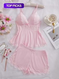 women's solid color lace trim cami top & shorts pyjama two-piece set, casual comfy camisole & shorts pj set, women's sleepwear for all seasons, lingerie