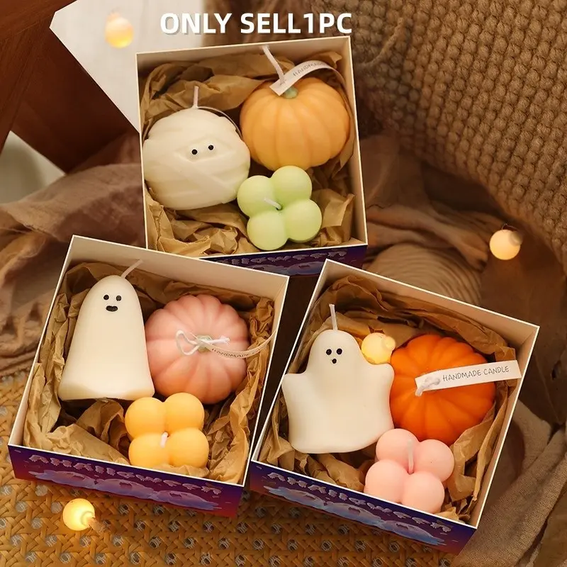 Halloween Ghost Gift Box, 3-Piece Scented Candle & Mini Ornaments, Aromatherapy Set for Spooky Parties, Haunted House Decor, Trick-Or-Treat Gift