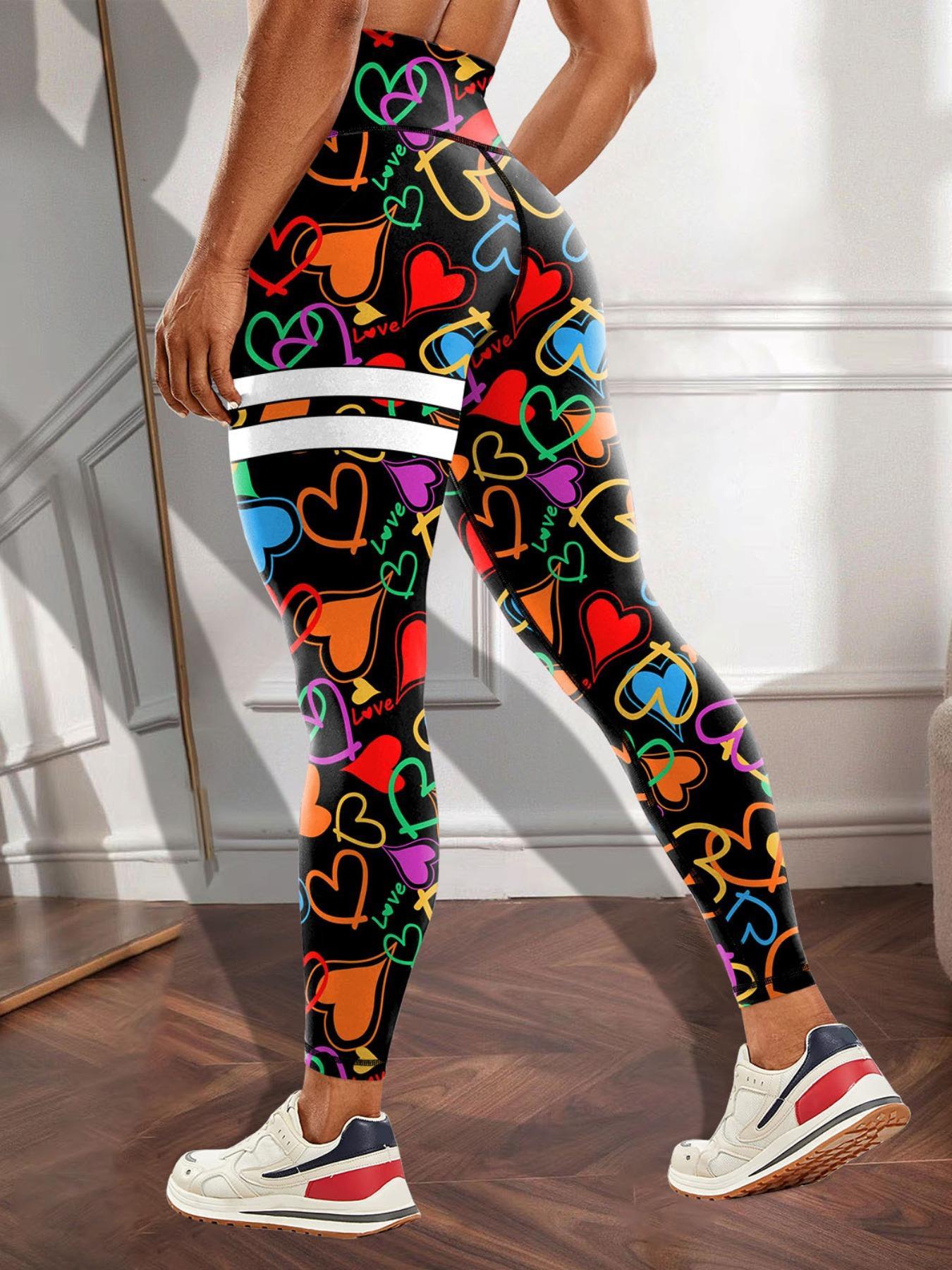 Women's All Over Heart Print High Waist Scrunch Workout Leggings, Casual Comfy Breathable Skinny Pants for Yoga Gym Workout Running, Ladies Bottoms for All Seasons