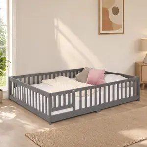 ARCH Full Size Floor Bed with Door, Solid Pine Wood Platform Bed Frame with Safety Fence for Kids, Gray Montessori Style Low Bed for Toddlers, Sturdy Wooden Construction