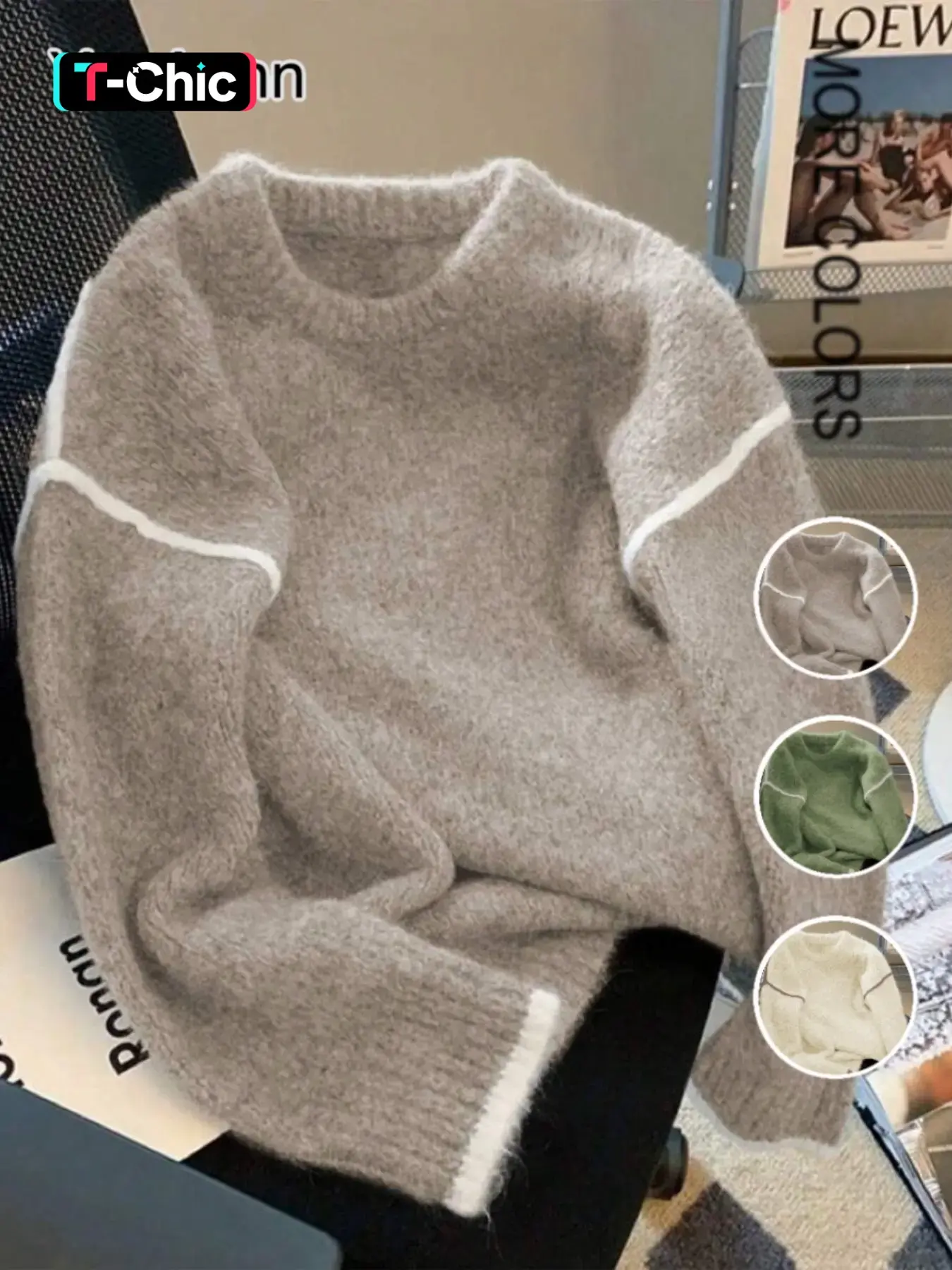 Soft and Cozy Women's Sweater, Fall Winter Pullover, Loose Fit Lazy Style, Colorblock Knit Top, Round Neck, Fashionable and Versatile