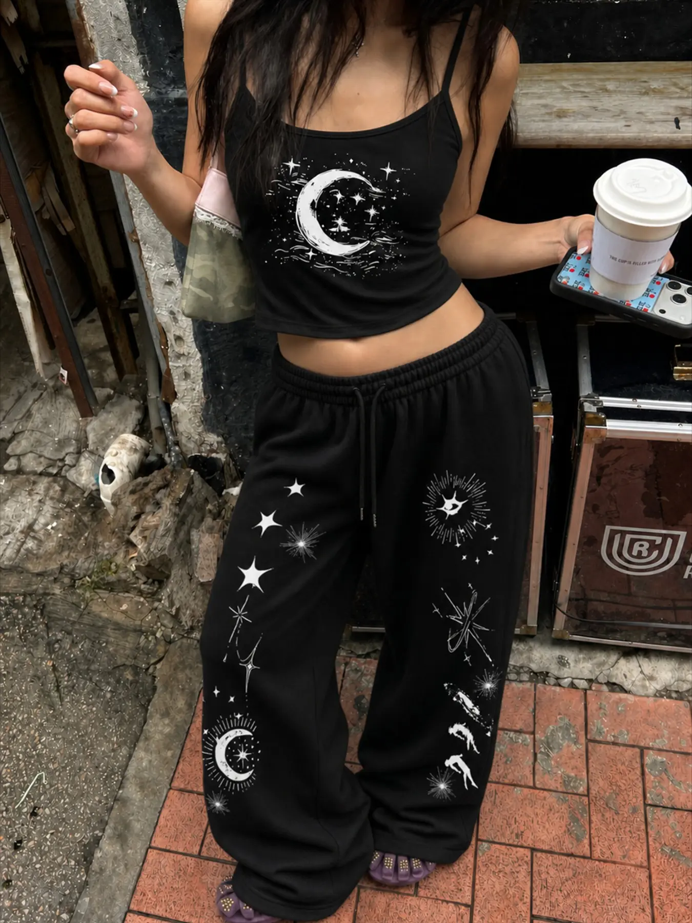 Women's Casual Home Wear Set, Star Moon Print Slim Fit Tank Top + Loose Pants, Y2K Street Style, Daily Commute, Campus, Home Relax, Baggy