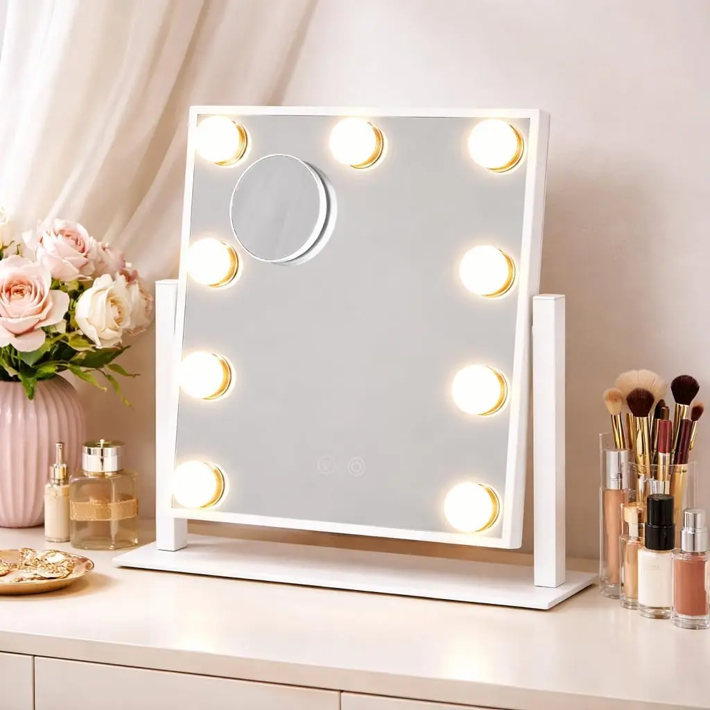 Lighted Dressing Mirror with Dimmable Lights, 9 Bulbs, 3 Color Modes, Detachable 10x Magnification 360°Rotatable Design, Slim Profile, Makeup Focus, Gift Ideas for Bedroom (White)