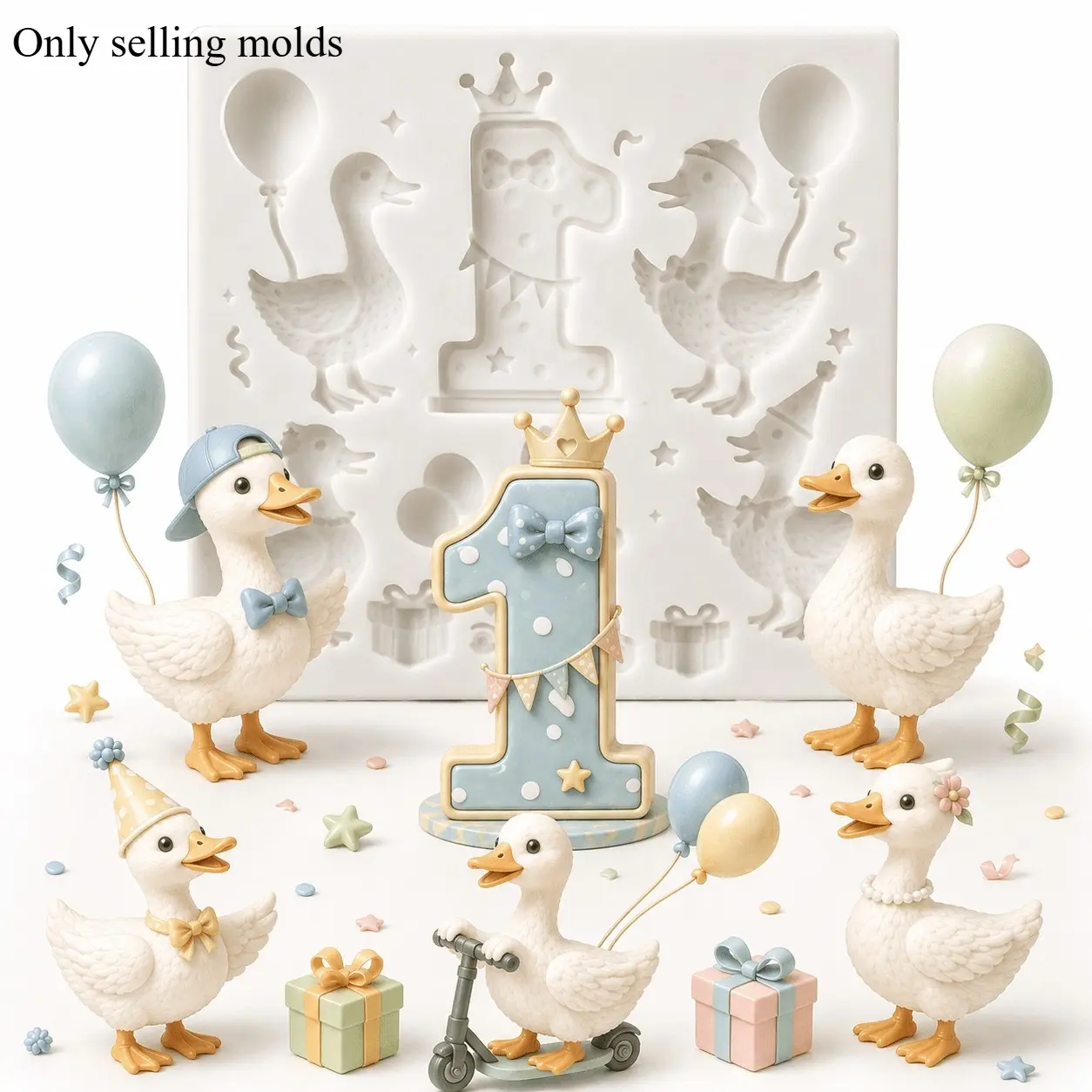 1st Birthday Duck Candy Mold, Silicone Lollipop & Chocolate Mold with Number One, Balloon, Crown, Gift and Party Duck Designs, DIY Birthday Candy, Fondant, Gummies & Cake Decorations