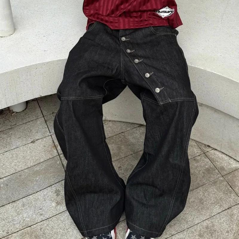 Kyn Apparel Korean High Street Buckle Curved Jeans Autumn Men'S Loose Straight Leg Pants Black Wide Leg Pants Casual Pants Hip-Hop Pants
