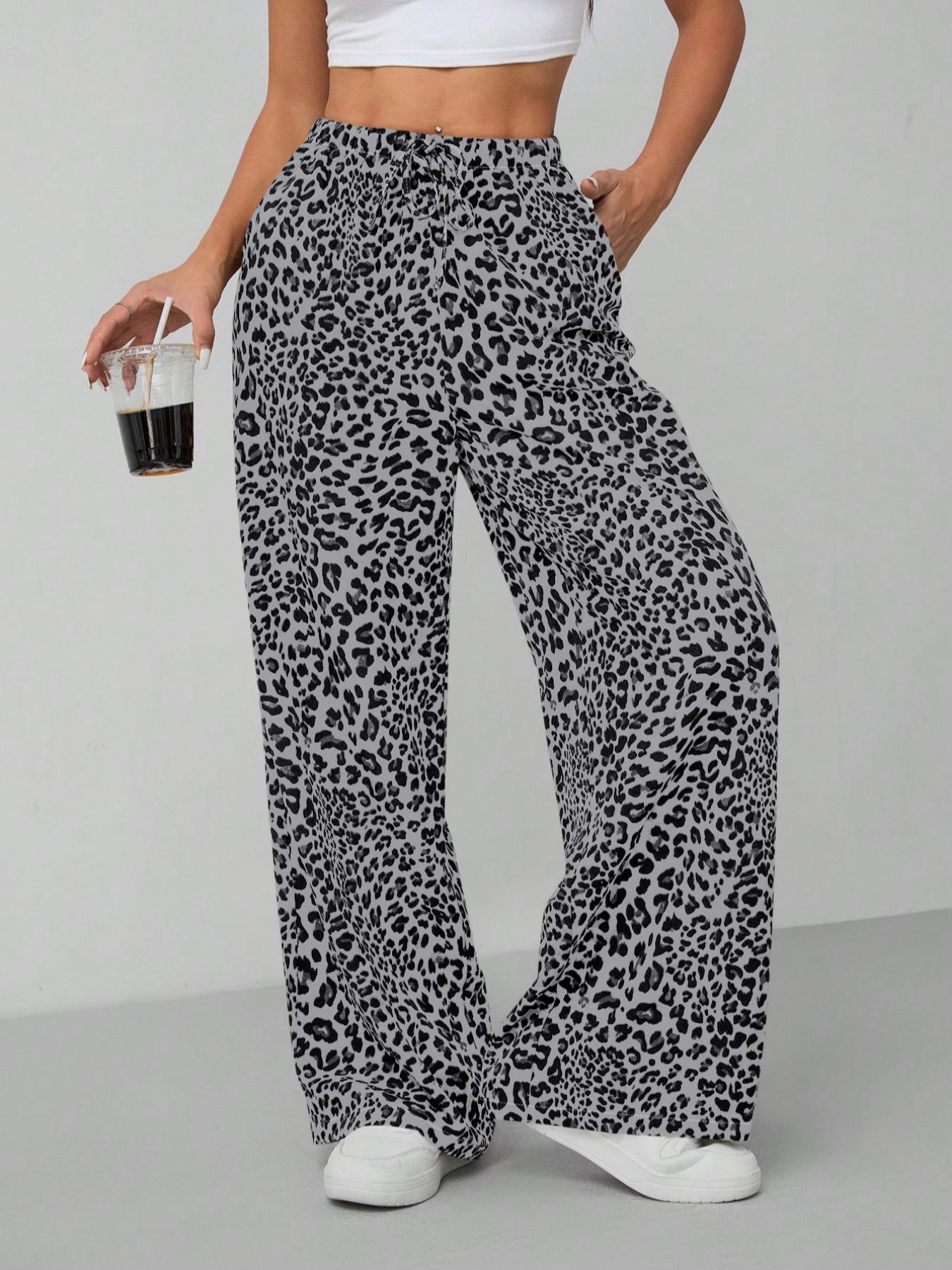 Women's Leopard Print Tie Front Pocket Wide Leg Pants, Casual Comfy Straight Leg Trousers for Daily Wear, Ladies Bottoms for All Seasons, Womenswear