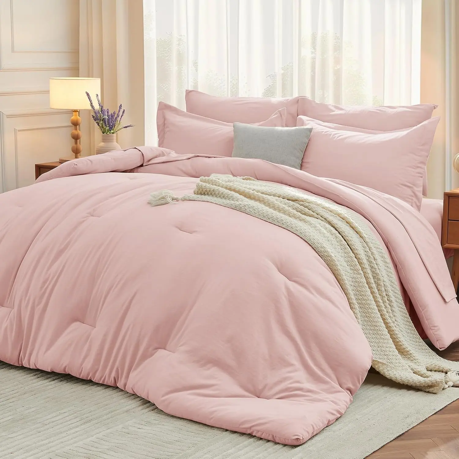 MUXHOMO 7 Pieces Queen Comforter Set, Soft Bed in a Bag Queen Size, All Season Bedding Set with Comforter, Flat Sheet, Fitted Sheet, Pillowcases & Shams, Beige, Comfy Bed Sets, Bed Comforter Set