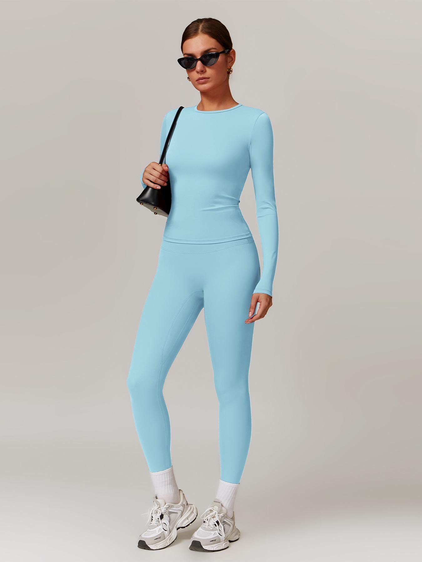 Women's Solid Long Sleeve Skinny Tee & High Waist Leggings Tracksuit Set, Workout Running Clothes, Sporty Breathable Quick Drying Outfits for Gym Workout Running, Ladies Outdoor Yoga Suit for All Seasons, Quick Dry Activewear