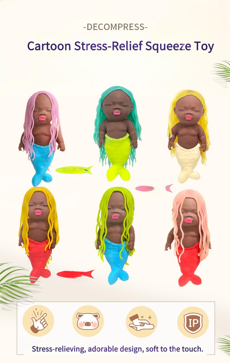 "Ugly-Cute" Long-Haired Mermaid Princess Stress Relief Toy - Black Soft-Gel Squeezable Palm-Sized Doll