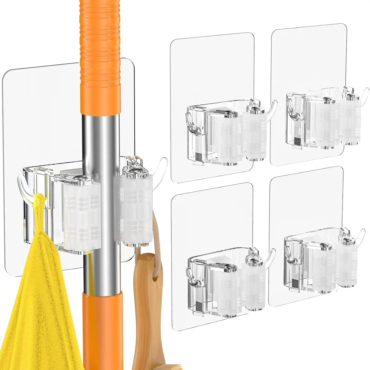 Broom Holder Wall Mount, 4 Pack New Version Adhesive Mop and Broom Holder Wall Mount, Super Anti-Slip Broom Hanger Mop Organizer Wall Hanging for Bathroom, Kitchen, Laundry RoomGift