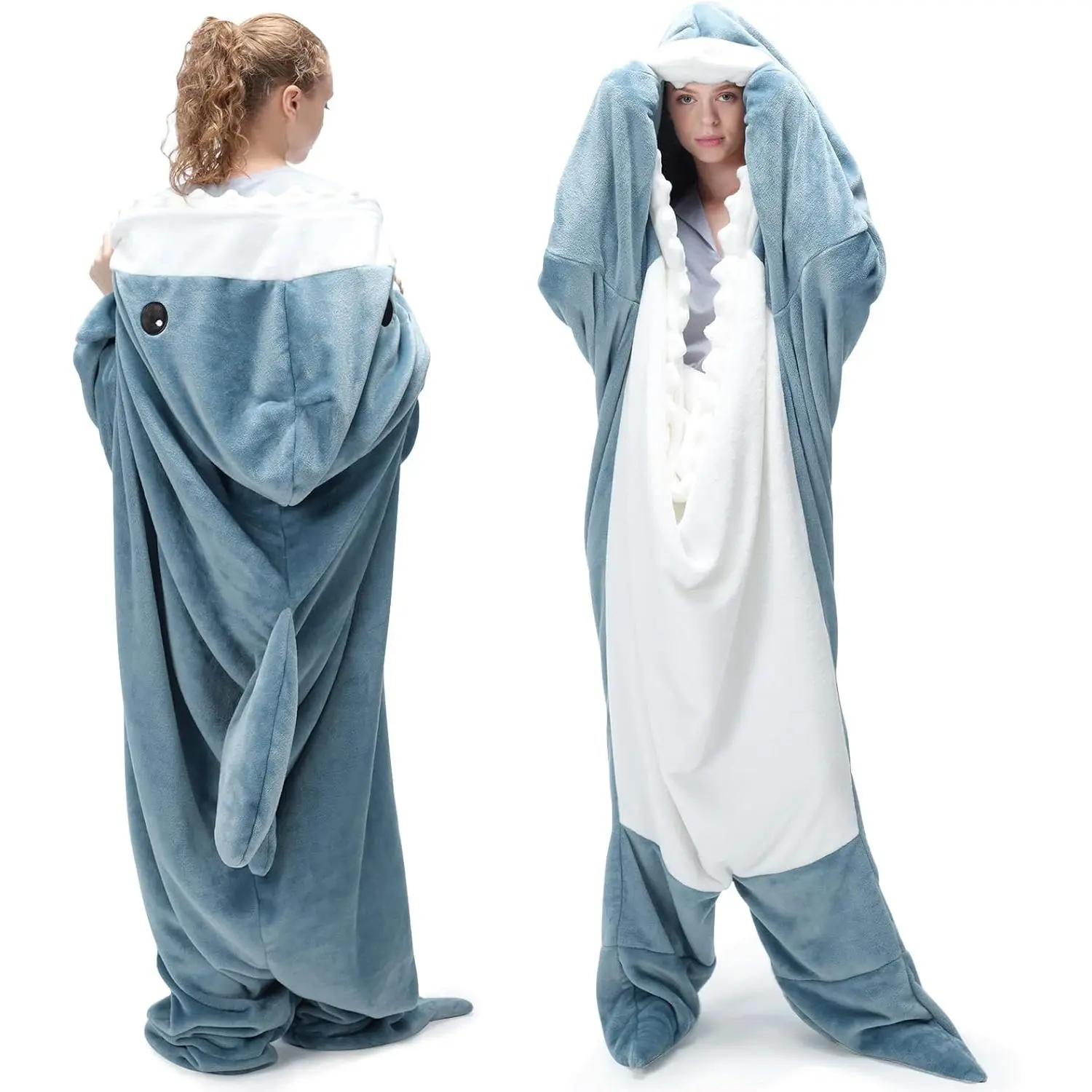 Touchat Shark Blanket, suitable for adults and children, ultra-soft and comfortable flannel blanket, wearable blanket, cartoon animal shark onesie hoodie, sleeping bag shark costume blanket, gift for shark lovers (blue, size M)