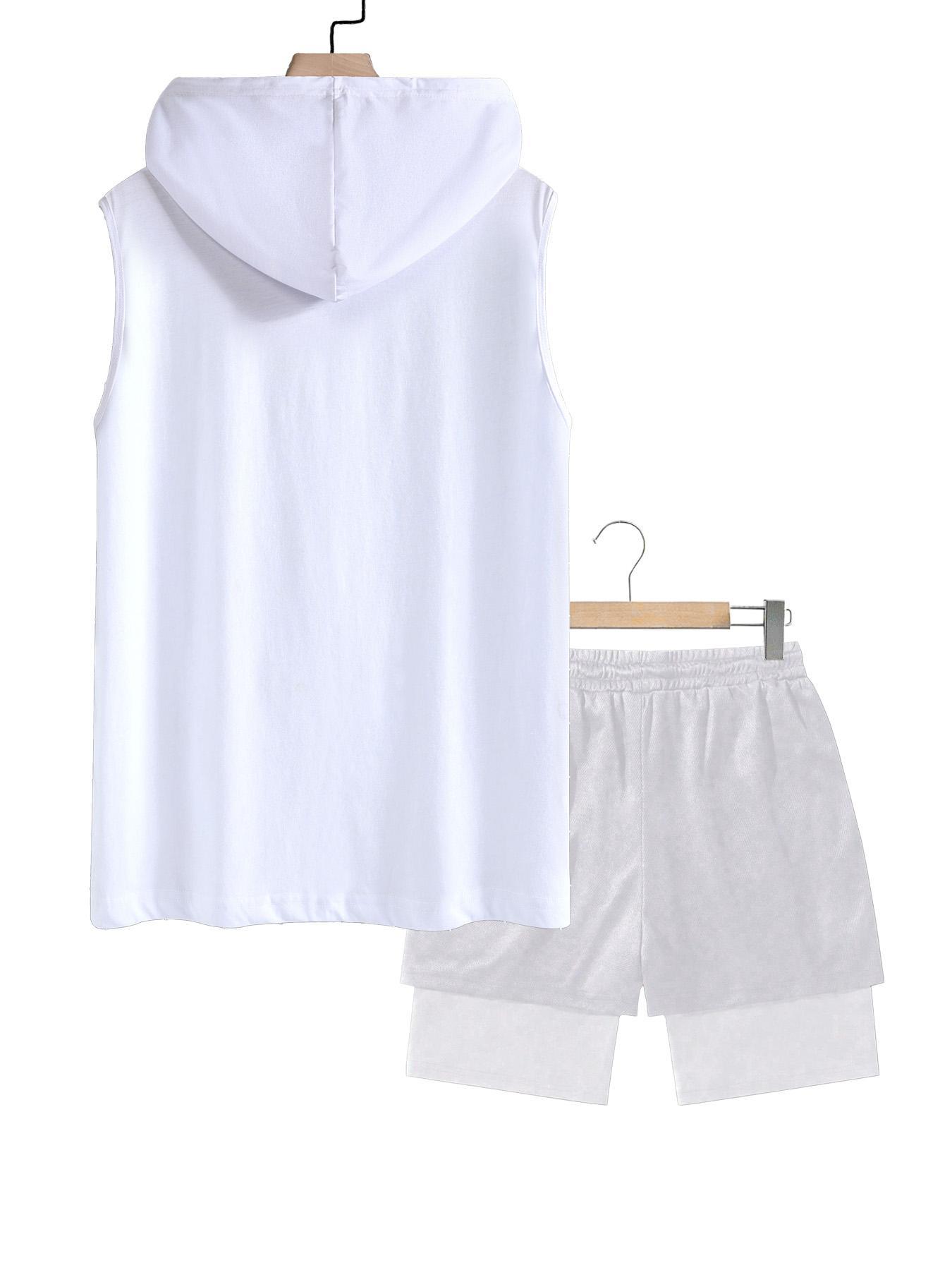 Men's Graphic Print Two-Piece Set, Stylish Hooded Sleeveless Vest and Drawstring Pocket Shorts, Summer Casual Wear for Sports and Daily Use