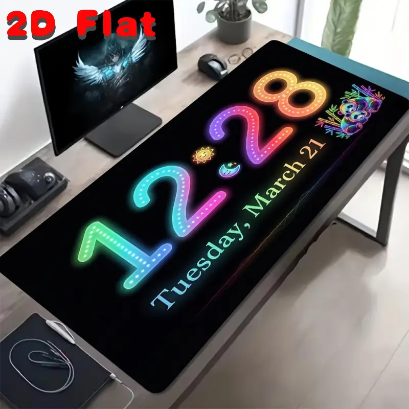 Digital clock mouse pad, featuring a 12:28 clock and March 21st date design, cute panda sun and moon elements, thickened non-slip gaming desk mat, universal creative mouse pad, suitable for office and gaming, 2D flat surface