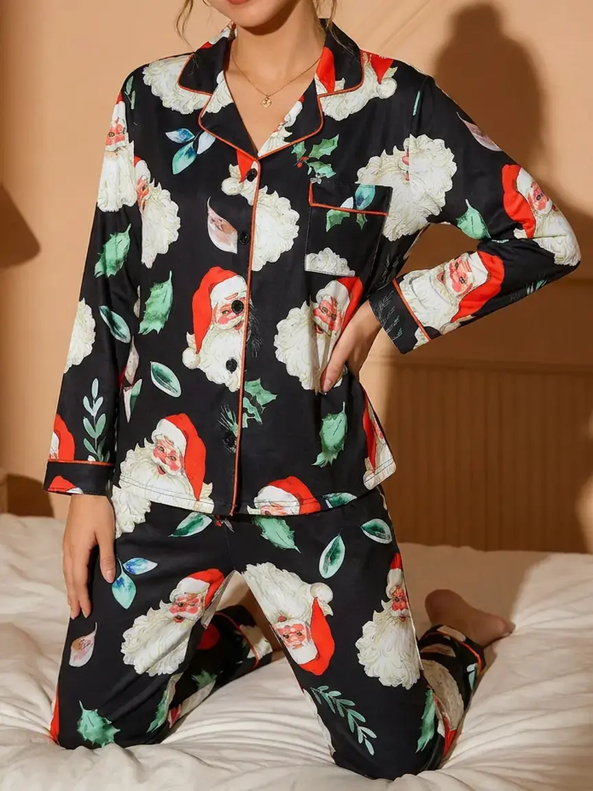 2-piece set of vintage cartoon Santa Claus with tree leaves, Halloween long sleeved pants, soft and comfortable top, Knitted, small pockets, elastic waistband, suitable for all seasons, furniture, casual wear, Pajamas, Loungewear