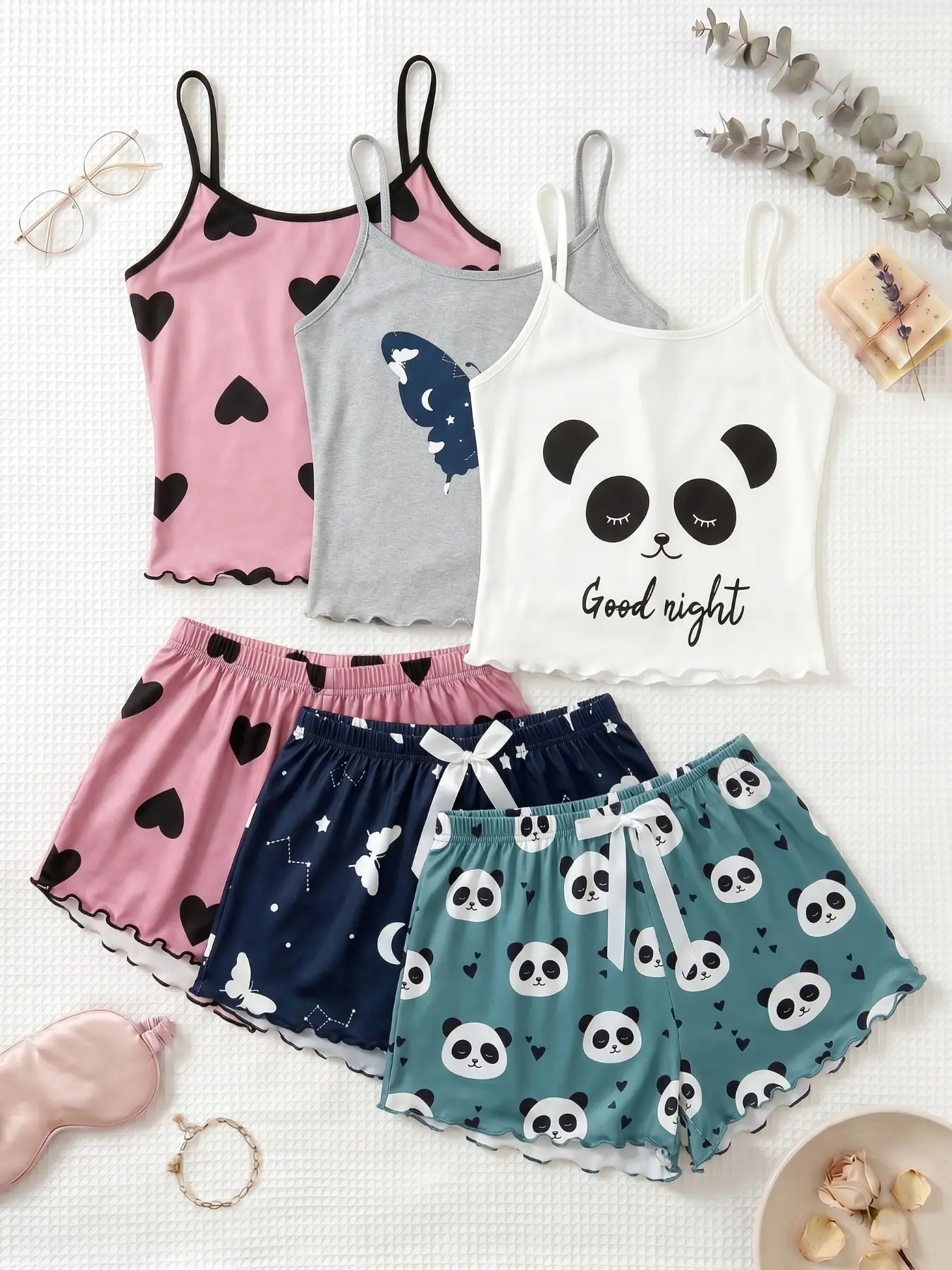 Women's 3-Piece Sleepwear Set, Tank Tops & Shorts, Spaghetti Strap, Heart Butterfly Panda Print, Sexy Slim-Fit, Above Knee Hems, All-Over Print, Cute Lingerie