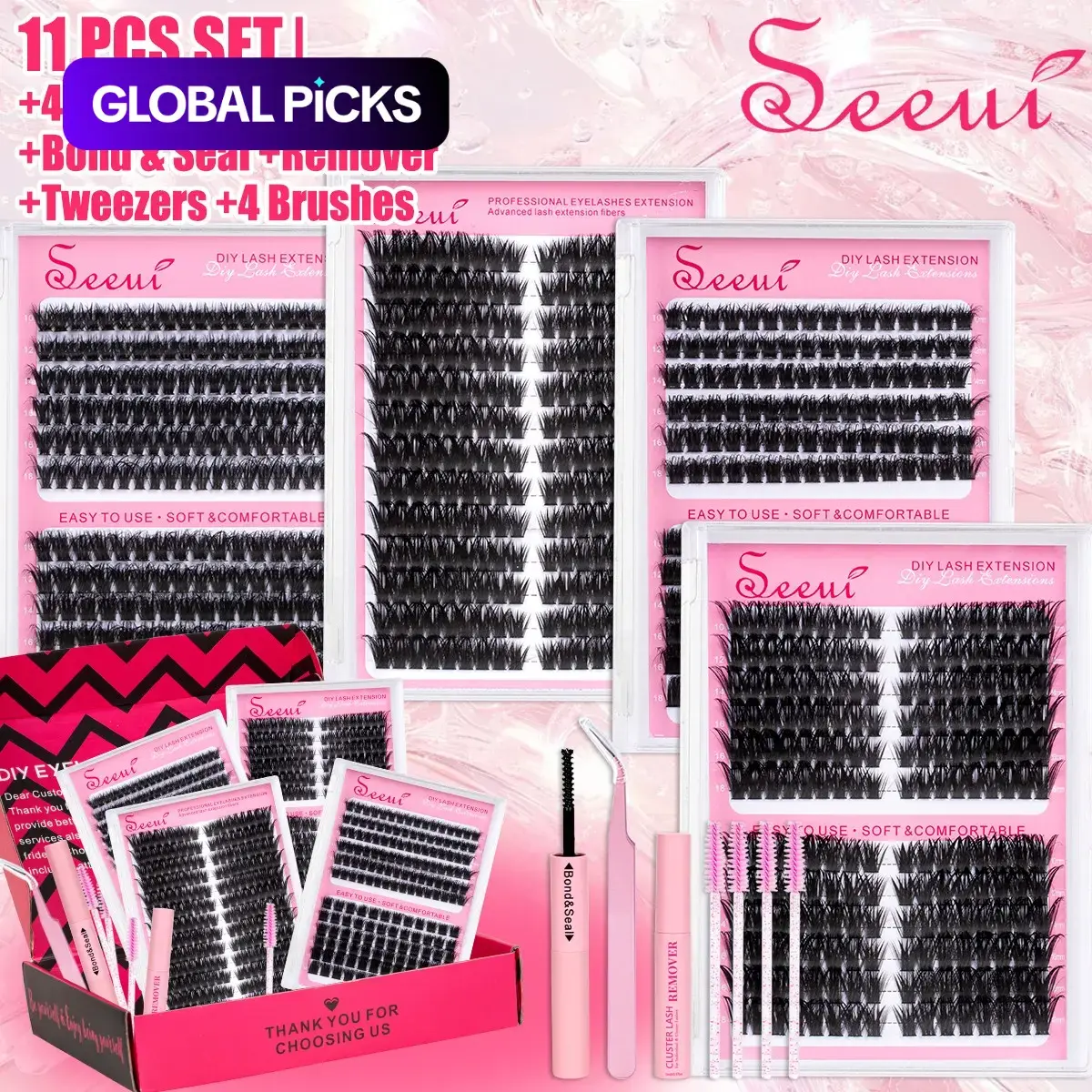 4-Style D-Curl Eyelash Cluster Kit, Dense Cat Eye/Fox Eye 80/120D Volume Lash Clusters with Bond & Seal, Remover, Tweezers and Brushes, Eyelash Extension Supplies, Lash Extensions DIY at Home, Lash Clusters