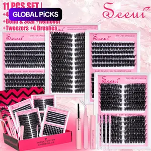 4-Style D-Curl Eyelash Cluster Kit, Dense Cat Eye/Fox Eye 80/120D Volume Lash Clusters with Bond & Seal, Remover, Tweezers and Brushes, Eyelash Extension Supplies, Lash Extensions DIY at Home, Lash Clusters