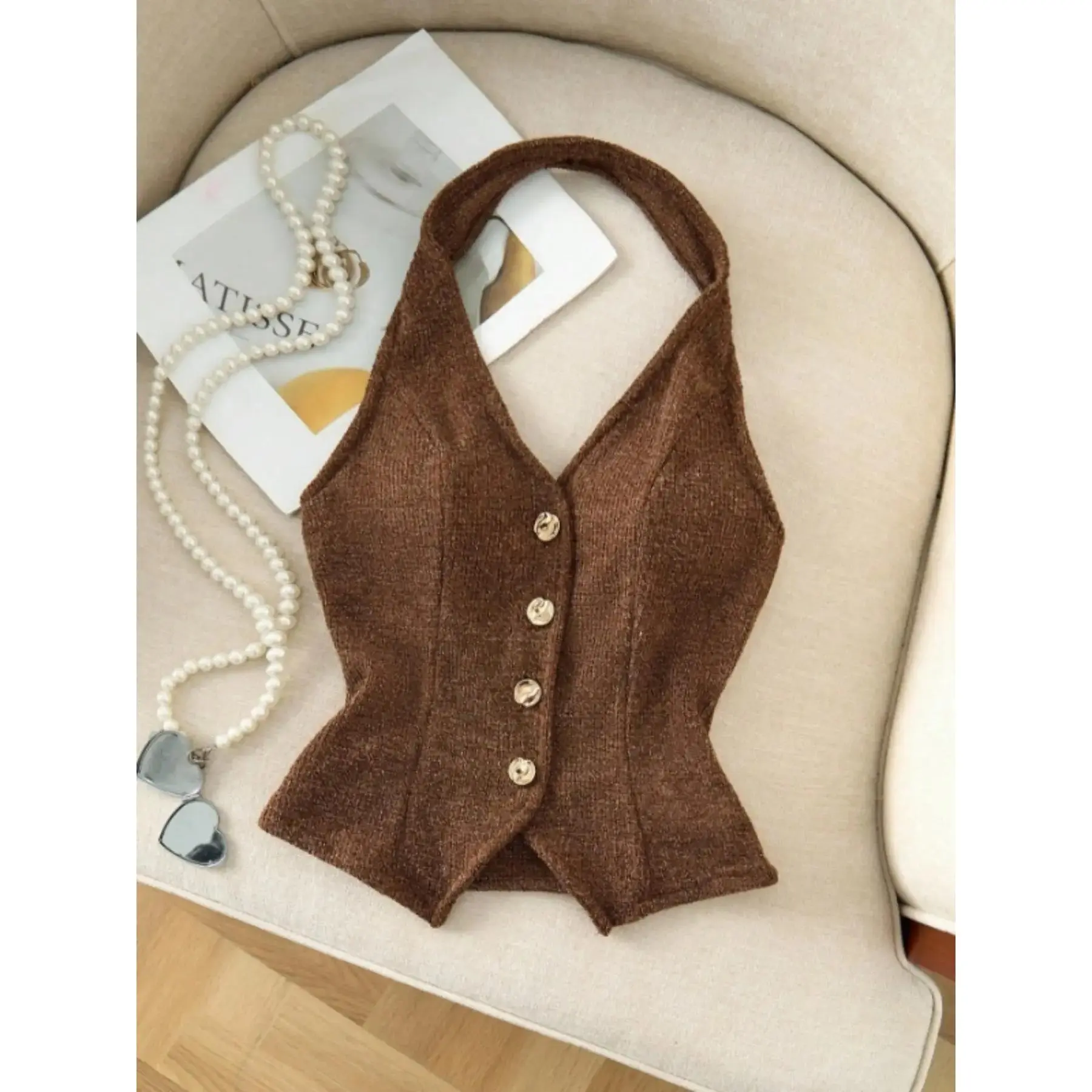 Turtleneck Winter Sweater, Knit Halter Neck Vest, Casual Fitted Sleeveless, Button-Up Slim Fit Waist-Cinching Open-Back Top. Made with Soft, Comfortable & Fabric, perfect for daily commutes, shopping trips, and hangouts