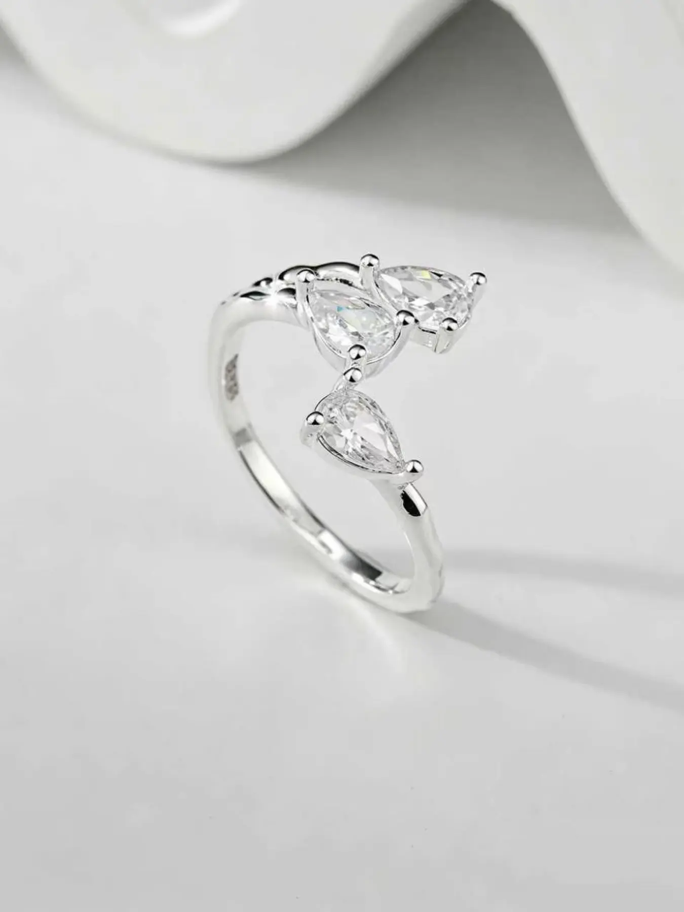 S925 Silver Water Drop Three Stone Butterfly Open Ring, Adjustable Pear Zircon Design, Elegant Ladies Jewelry for Daily Wear