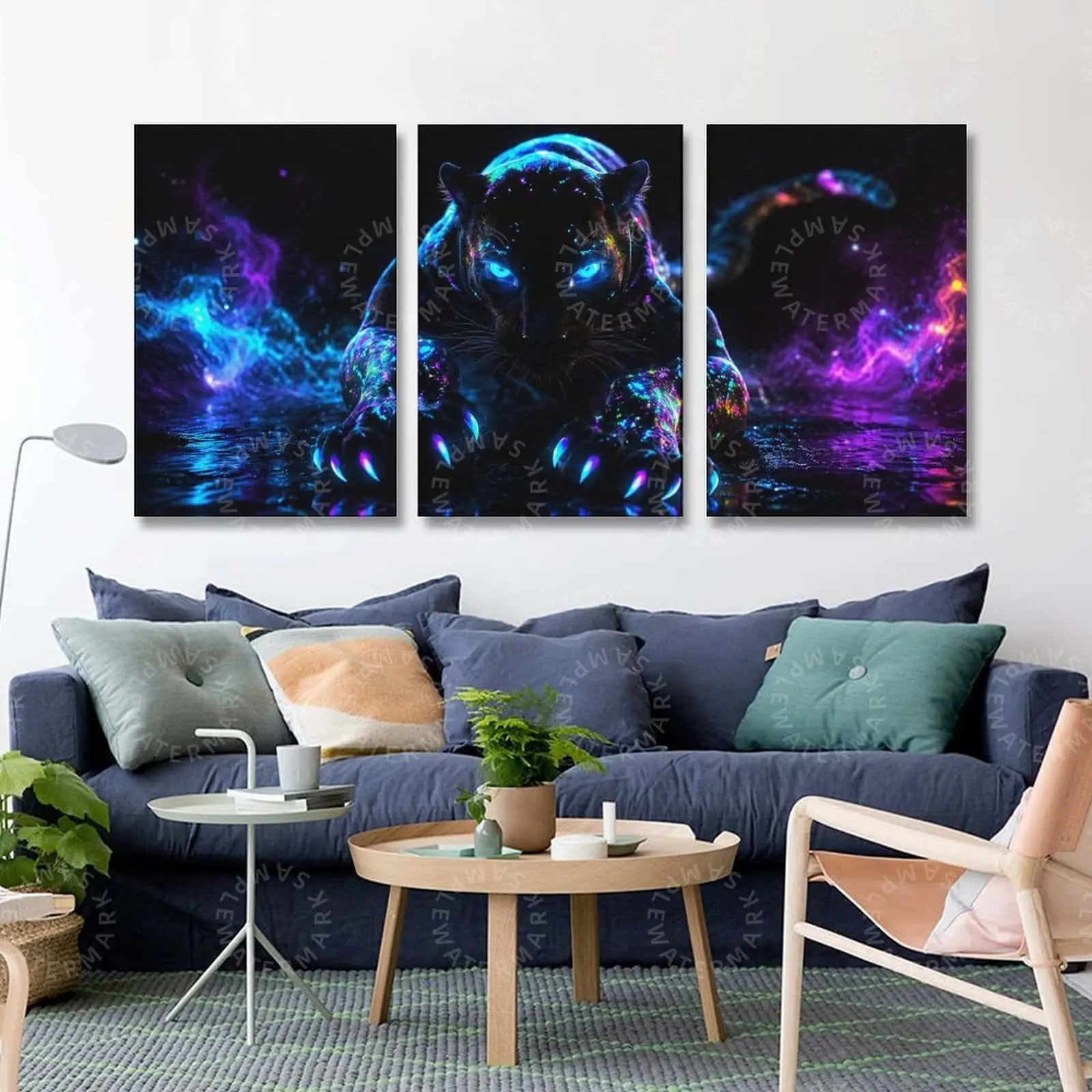 Neon Panther Triptych Wall Art, Glowing Blue Purple Big Cat Canvas Poster, Cyber Fantasy Aesthetic Print, Bedroom Wall Art, Living Room Decor, Office Wall Art, Gaming Room Decor