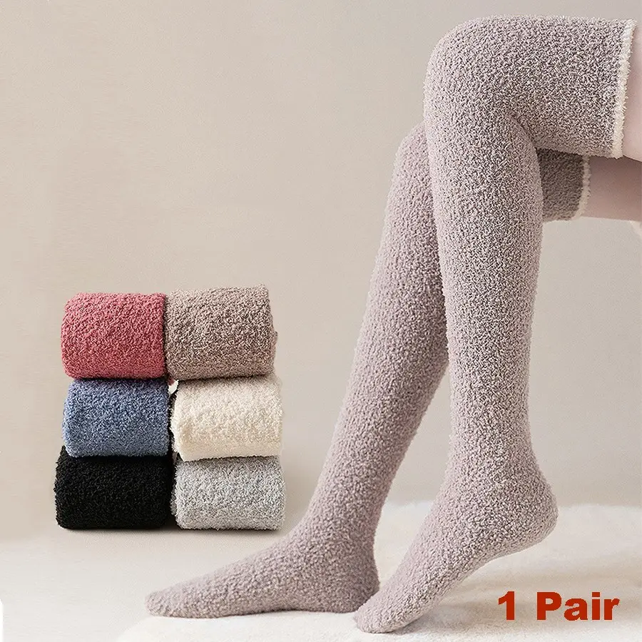 Women's Knee High Fuzzy Socks, Soft Long Thigh High Warm Stockings, Cozy Slipper Plush Socks, Comfortable Winter Footwear