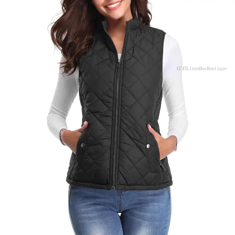 Lady's Sleeveless Quilted Vest - Stand Collar, Lightweight, Zip-Up Padded Gilet for Women's Tops | CC45LinenHueBoutique