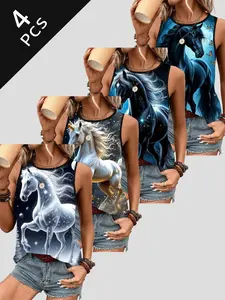 Dreamy Starry Unicorn Tank Top Set, 3D Horse Print Sleeveless Shirt, Elegant Slim-Fit Summer T-Shirt for Women, All-Season Fashion