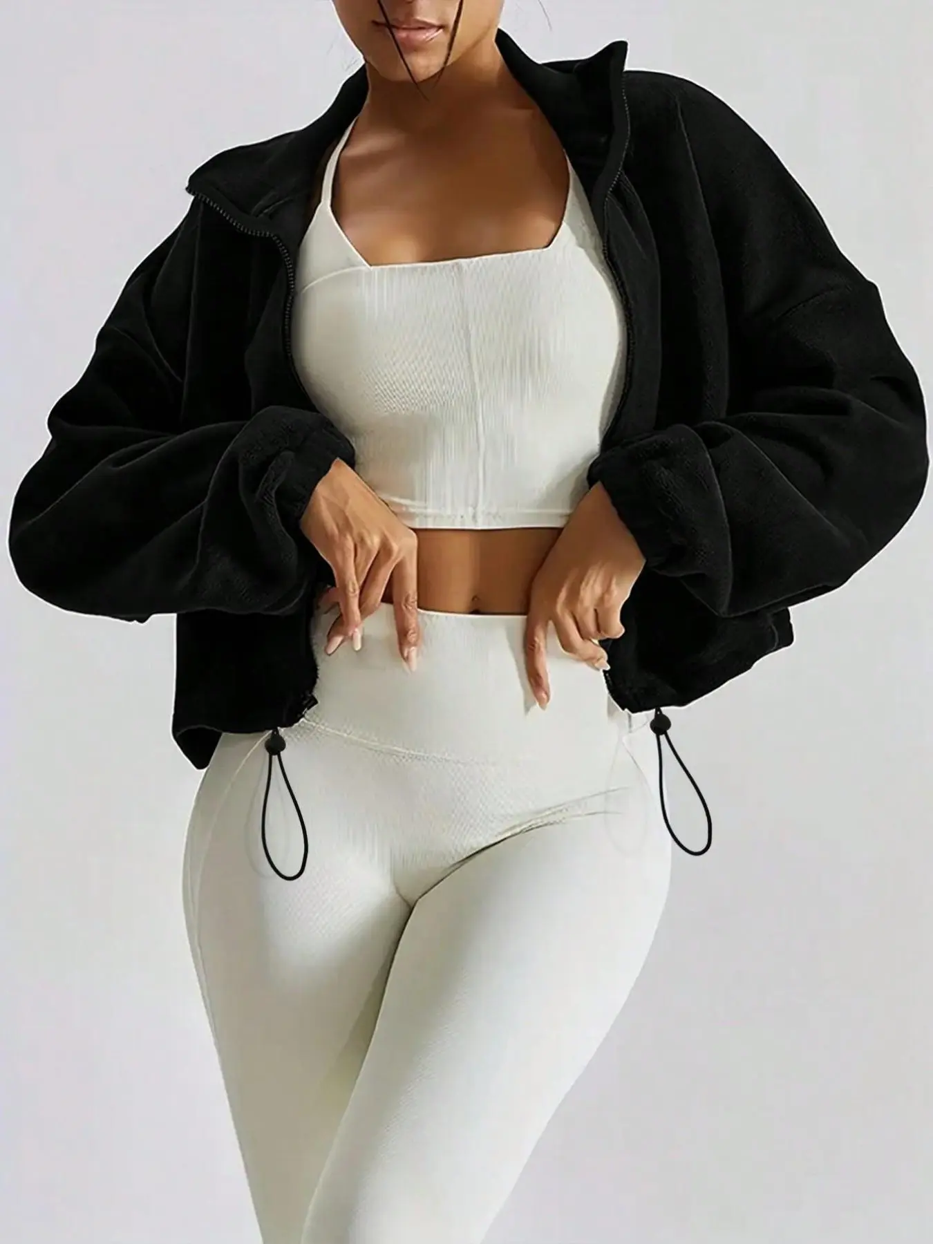 Women Fleece Full Zip Cropped Jacket, Adjustable, High Collar Drawstring Hem Long Sleeve Loose Fleece Outerwear, Y2K Casual Crop Fleece Coat, Warm Soft Lightweight Athletic Top For Workout Yoga Jogging Daily Autumn Winter