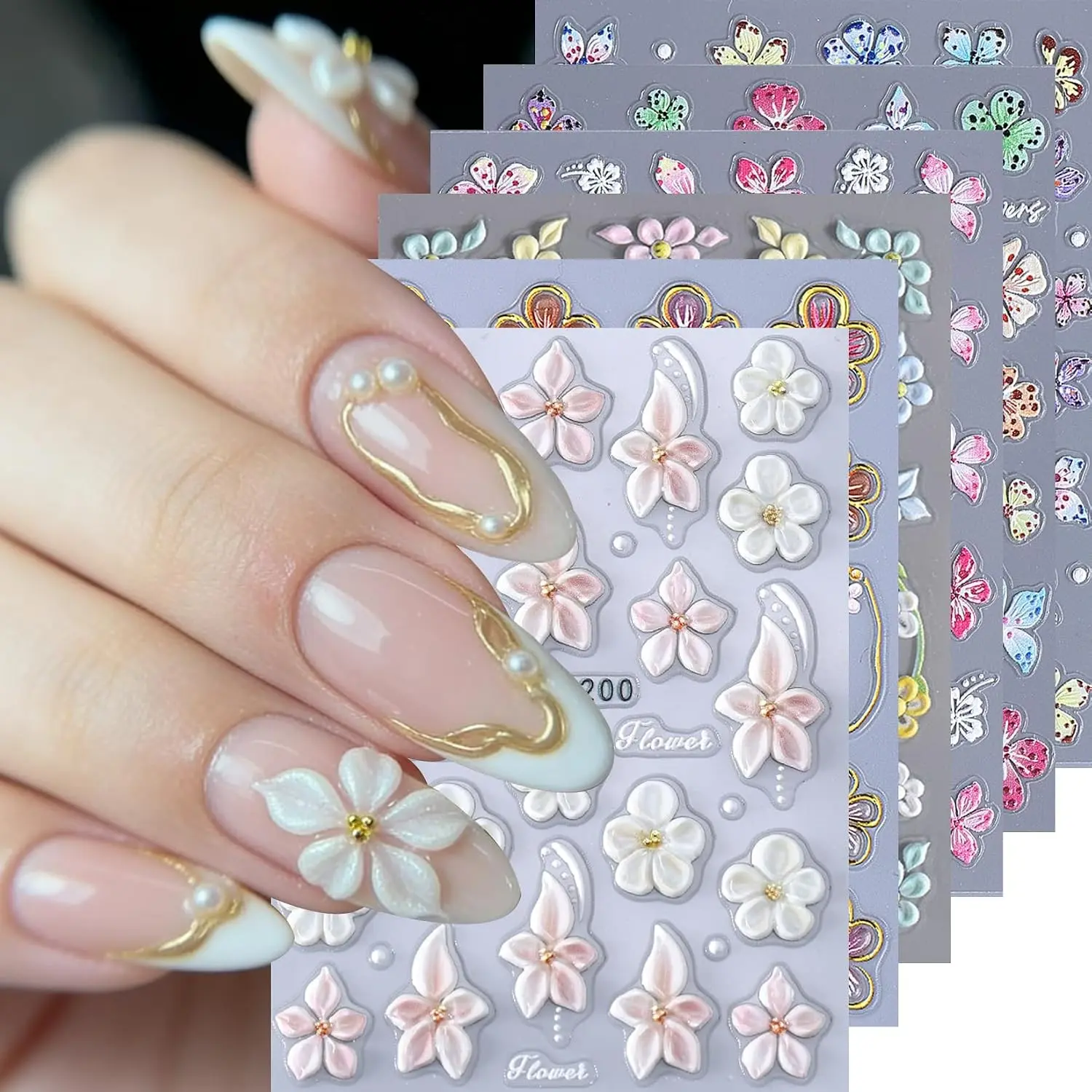 6PCS 5D Flowers Embossed Hibiscus Nail Stickers, Self Adhesive Summer Spring Flower Nail Art Decoration for Women, White Pink Hawaiian Floral Petals Nail Art Decoration