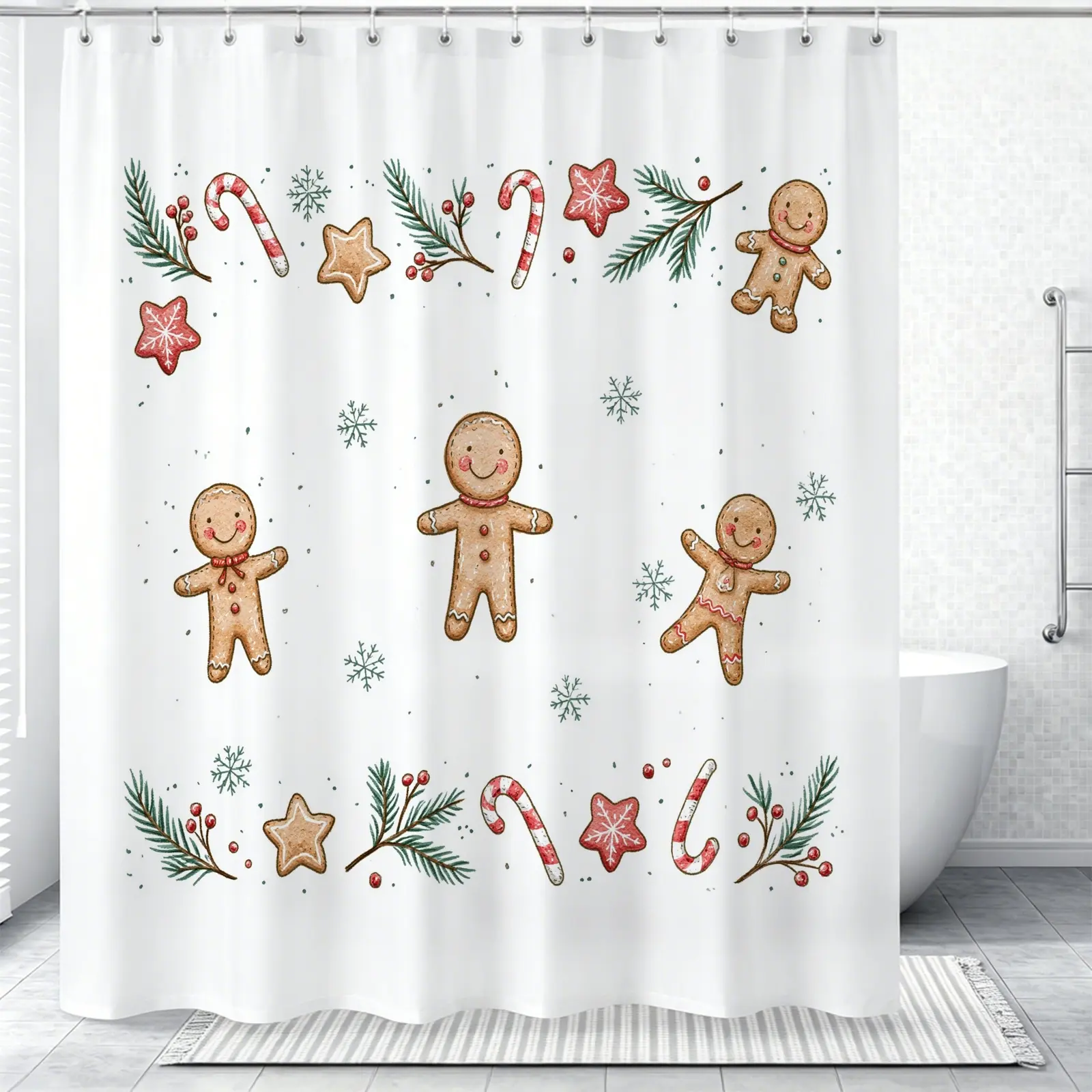 Trending Christmas Gingerbread Man Shower Curtain, Vintage Watercolor Holiday Bathroom Decor Curtain with Candy Cane, Pine Branch and Snowflake Designs, Waterproof Fabric, Easy to Install, Perfect for Home, Hotel, Dorm Bathroom Use