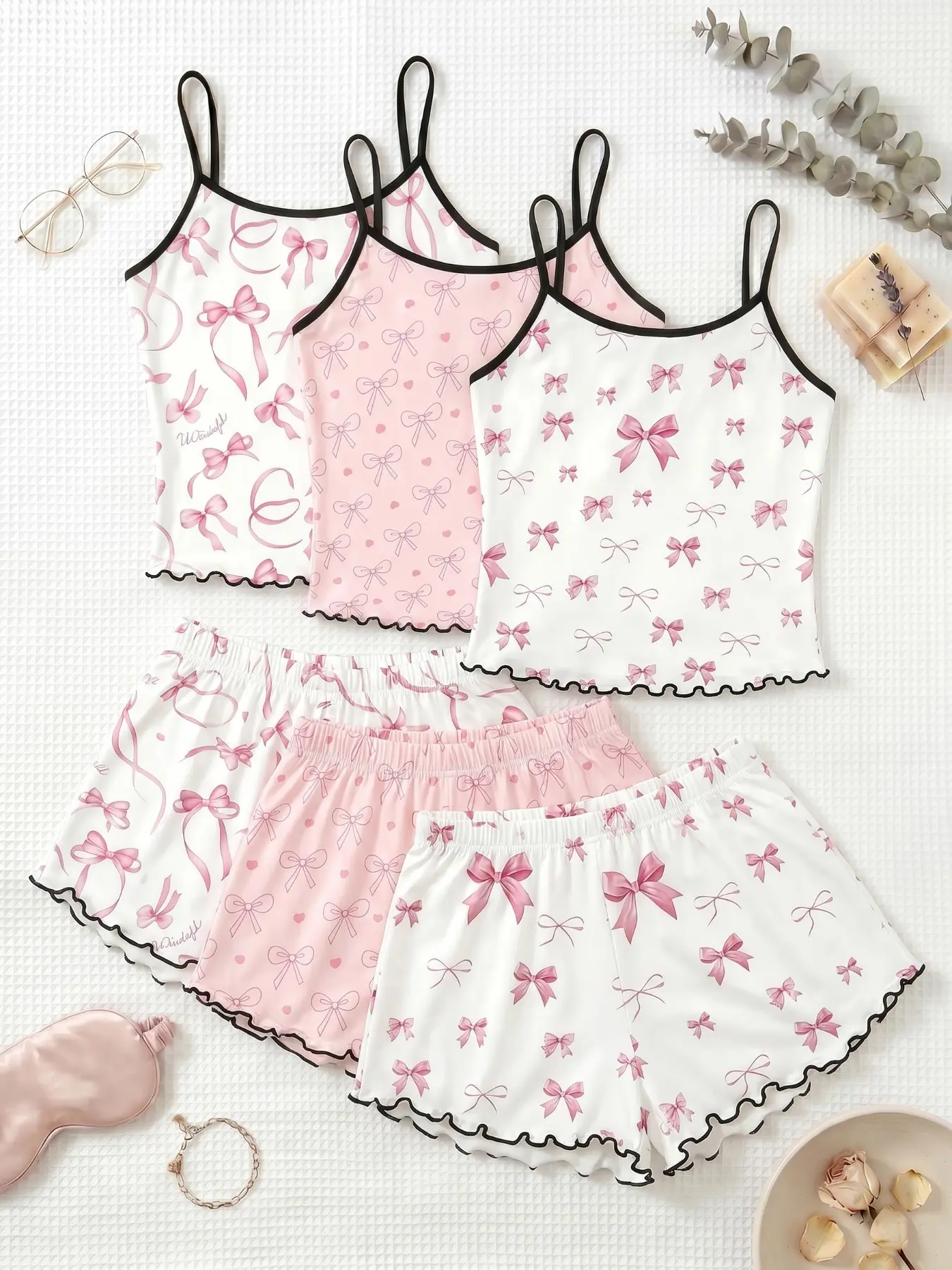 3-Piece Set Bow Print Tank Top & Shorts Pajamas, Women's Sleepwear, Comfortable Home, All-Seasons Wear