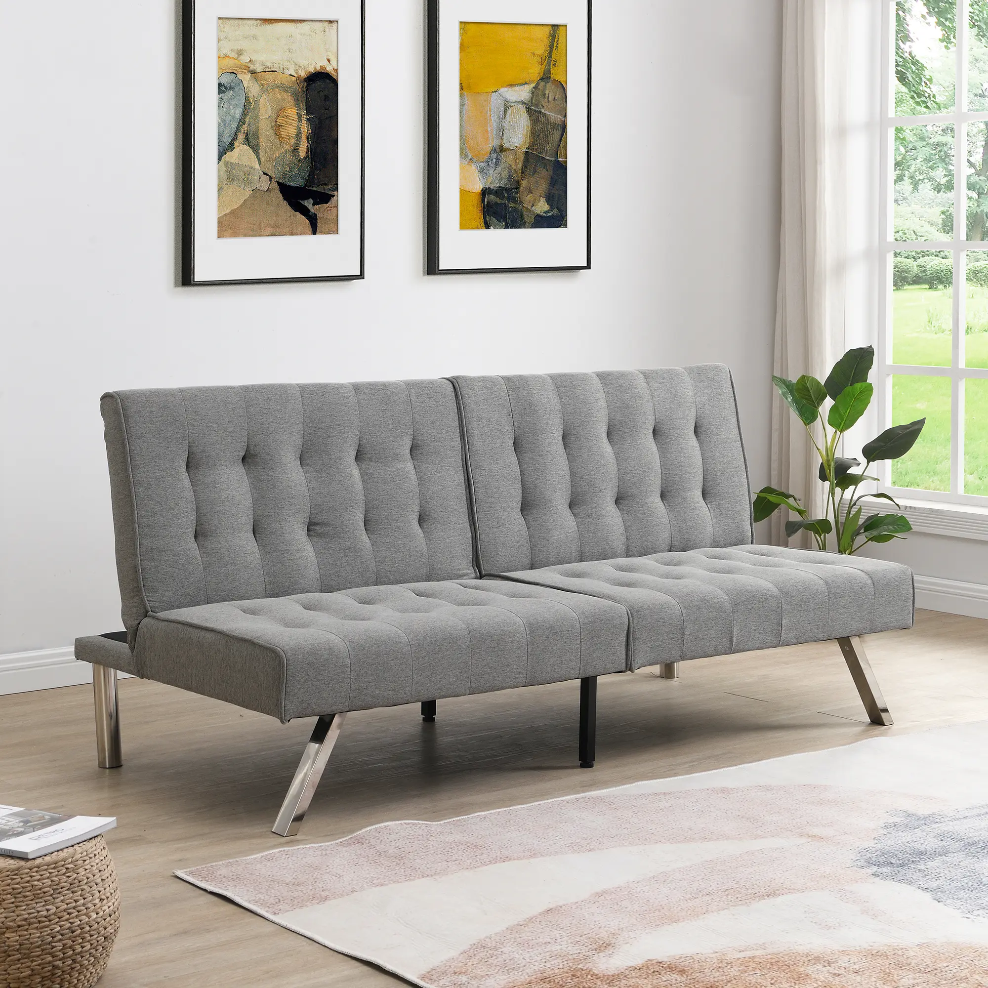 ARCH Modern Futon Frame Sofa Bed with Wood Frame and Stainless Steel Legs, Convertible Couch Bed for Living Room or Guest Room, Grey Upholstered Sleeper Chair Bed, Easy Assembly, Single Size, Living Room Furniture for Apartment, Lounge