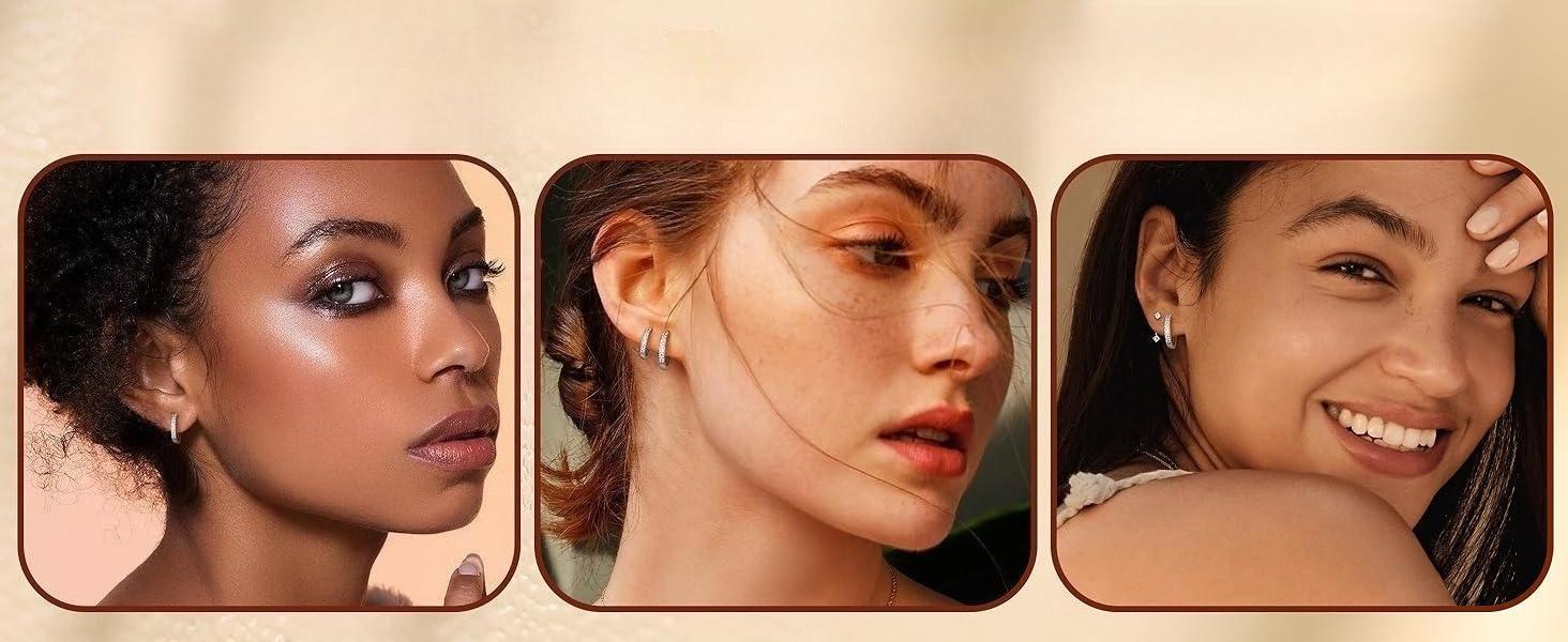 FUNRUN 3 Pairs Sterling Silver Earrings | CZ Huggie Hoops & Studs | Hypoallergenic for Sensitive Ears