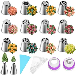 27 Pieces Russian Piping Tips Set, Cake Decorating Supplies for Cupcake Cookies Birthday Party (12 Icing Tips, 10 Pastry Baking Bags, 2 Leaf Piping Tips, 2 Couplers, 1 Silicone Bag)