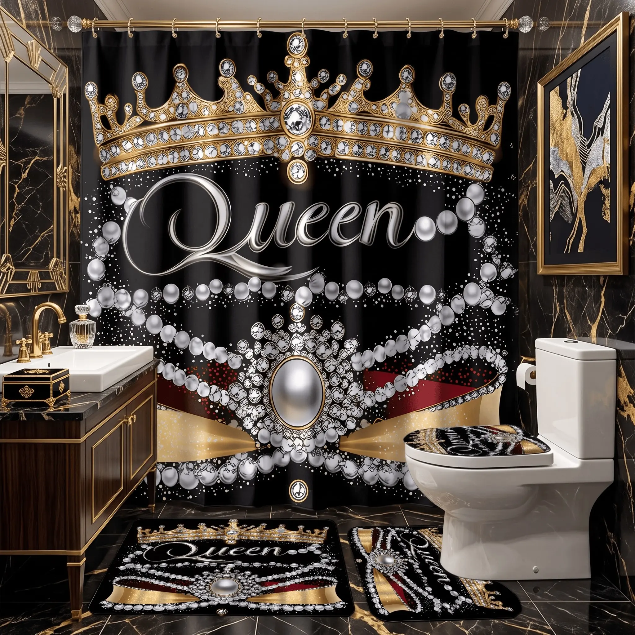 4pcs Elegant Queen Crown Diamonds Shower Curtain Set, Luxury Gold Royal Theme, Non-Slip Rugs & Toilet Lid Cover, The floor mat fabric is thicker and softer! for Women Girls Wedding Anniversary Gift