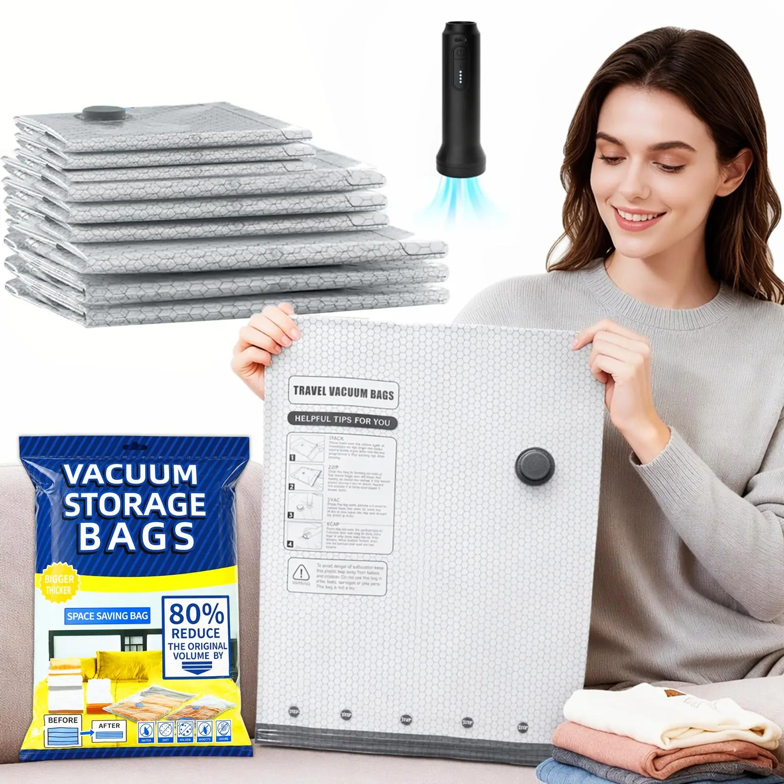 Reusable Vacuum Storage Bag Set (6/9 Packs, 3 Sizes: S/M/L) - 80 Micron Thick PA-PE Airtight Space Saver Compression Bags for Clothes, Bedding, Home & Travel Organizing