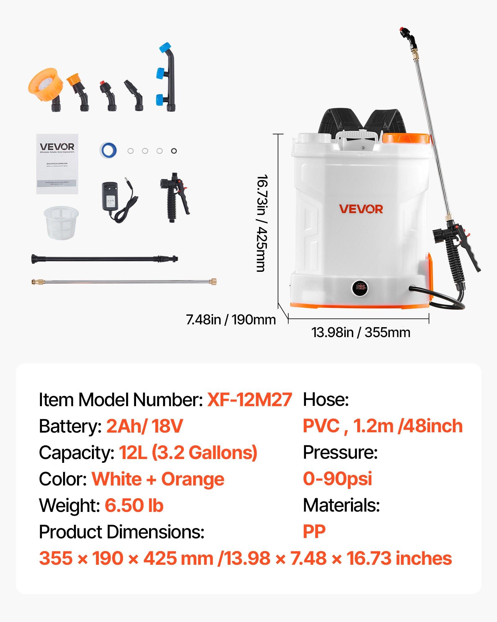 VEVOR Battery Powered Backpack Sprayer, 3.2 Gal Powerful Electric Backpack Sprayer, 2 Retractable Wands & 5 Nozzles, Adjustable 0-90 PSI, 2 Hour Runtime, Portable Weed Sprayers for Yard Garden Lawn